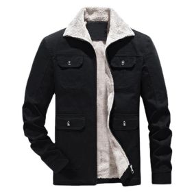 Men's Casual Fleece Cotton Military Jackets Outdoor (Color: Black, size: L)