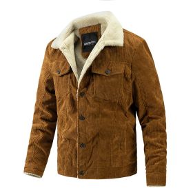 Winter New Men's Corduroy Plush Thick Jacket Vintage Outdoor Casual Fleece Warm Coat Lapel Fashion Trend Retro Brown Beige Black (Color: Brown yellow, size: S)