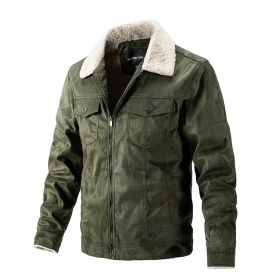 Autumn Winter New Men's Chamois Suede Fleece Thick Jacket Vintage Outdoor Casual Plush Warm Coat Lapel Fashion Trend Retro Brown (Color: green, size: XL)