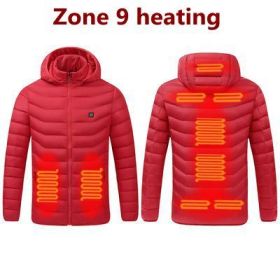 Men 9 Areas Heated Jacket USB Winter Outdoor Electric Heating Jackets Warm Sprots Thermal Coat Clothing Heatable Cotton jacket (Color: 9 Areas heated Red, size: XXL)