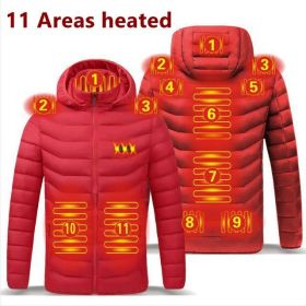 Men 9 Areas Heated Jacket USB Winter Outdoor Electric Heating Jackets Warm Sprots Thermal Coat Clothing Heatable Cotton jacket (Color: 11 heated Red, size: XL)