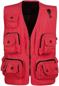 Men's Casual Multi Pocket Cargo Vest Outdoor Work Photography Fishing Vest Jacket (size: RED-M)